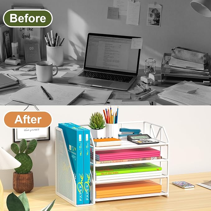 4-Tier Paper File Organizer with Bookend, Metal Desk Organizer, Tiered Paper Tray for Letter/A4 Files, Desktop Office Supplies Storage Rack for Home Office, Classroom, School & Work, White