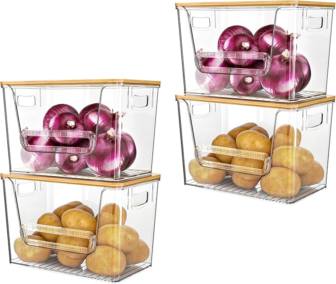 Delamu 4 Pack Pantry Organizers and Storage,Trash Bag Dispenser with Bamboo Top,Stackable Trash Bag Dispenser Under Sink Organizer for 4-30 GalBags,Onion,Potato,Fruits,Clear