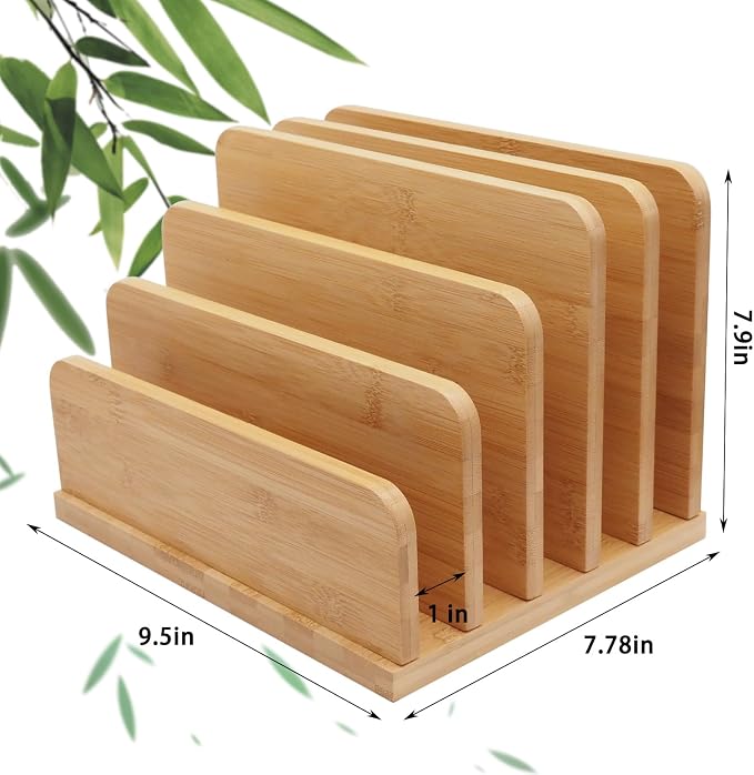 Desk File Mail Organizer Countertop, 5 Slots Bamboo Folder Sorter Holder for Letter, Envelope, Paper, Bill Filing, Desktop Tray Organizer for Office & Home