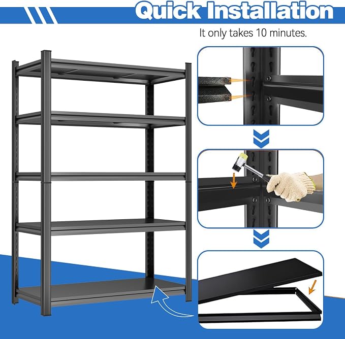 PRESTELION 63" H Metal Shelving 5 Tier Garage Shelving Unit 3500LBS Adjustable Heavy Duty Storage Shelves for Kitchen Warehouse Pantry Basement, 63" H x 40" W x 14" D, Black