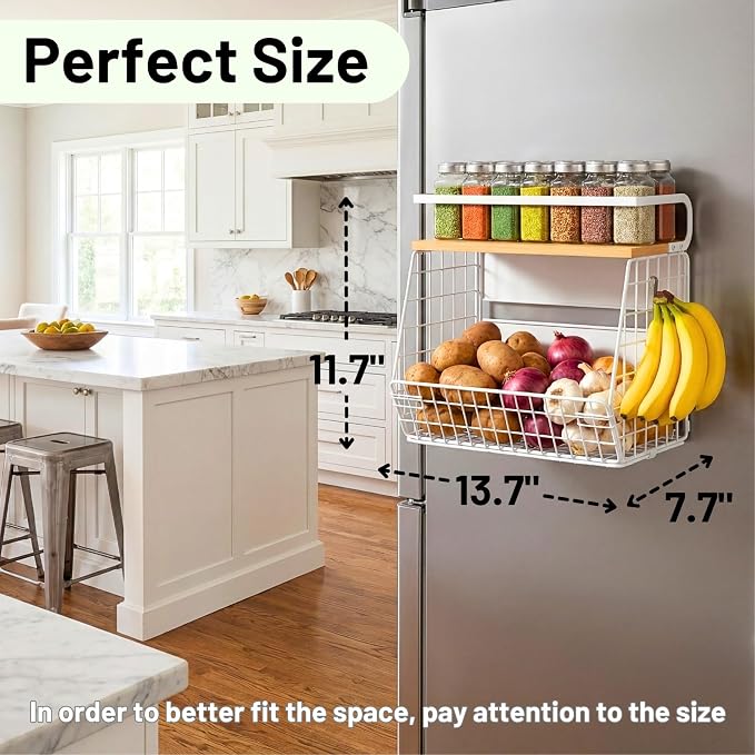 Magnetic Fridge Shelf with Wood Lid, Fruit Potato Onion Storage Bins, Pantry Organizers, Large Container Spice Rack for Refrigerator, Kitchen Counter, Cabinet (2, White)