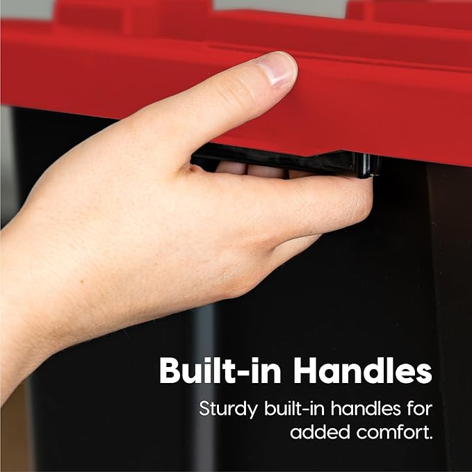 IRIS USA 4-Pack 27 Gal Heavy Duty Storage Tote Bins with Lids, Red | Large-capacity design stores seasonal gear, moving supplies and equipment, Stackable shape supports efficient organization