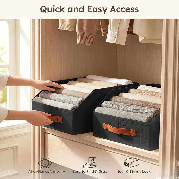 Fabric Storage Bins for Organizing - 12 Pack Large Trapezoid Collapsible Storage Bins with Front Handle, Closet Organizers and Storage for Bedroom, Home Shelves, Small Spaces, Black