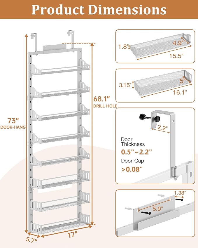 POKIPO Over the Door Pantry Organizer 8-Tier, Large Metal Door Spice Rack with Adjustable Basket, 2 in 1 Wall Mount or Hanging Heavy-Duty Pantry Door Storage Shelf for Kitchen and Bathroom, White