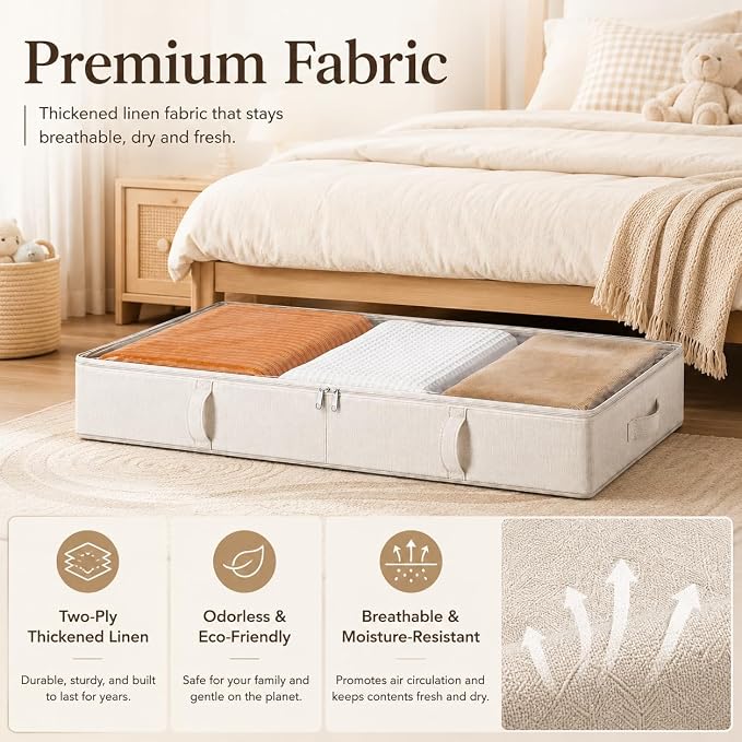 Vailando Side-Supported Under Bed Storage Containers, 6 Inches Tall 60L Underbed Storage Bins with Sturdy Handles and Sidewalls, Closet Organizer for Clothes, Blankets, Seasonal Items, Beige, 2-Pack