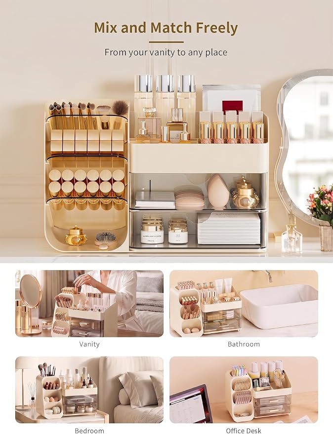Booklov Small Makeup Organizer for Vanity Countertop, Cream | Clear Acrylic Cosmetic Display Case, Beauty Brush Holder for Bathroom Counter, Make Up Skincare Lipsticks Storage