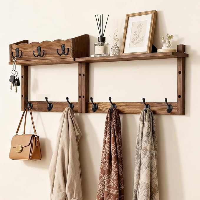 28" Coat Rack Wall Mount with Shelf with 7 Hooks 3 Key Hanger | Entryway Key Holder Wall Mount Wood Wall Coat Hooks, Wall Mounted Coat Rack Mail Holder for Living Room, Bedroom