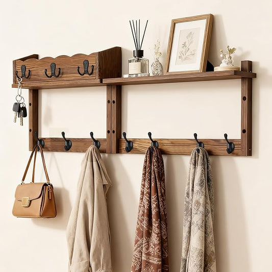 28" Coat Rack Wall Mount with Shelf with 7 Hooks 3 Key Hanger | Entryway Key Holder Wall Mount Wood Wall Coat Hooks, Wall Mounted Coat Rack Mail Holder for Living Room, Bedroom