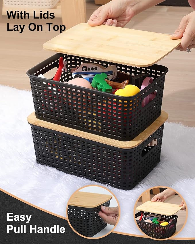 AREYZIN Storage Bins with Bamboo Lids Set of 6 Lidded Storage Container Plastic Baskets Organizer Bins for Organizing Kithen Room Bedroom Office Closet, Sturdy(Black)