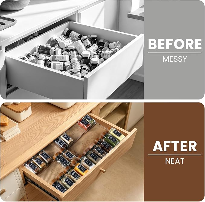2 Pack Spice Rack with 24 Spice Jars, 4OZ Wood Lid Spice Containers with Expandable Spice Organizer Shelf, Spice Labels, Pepper Grinder Lids, Chalk Marker & Funnel Set for Drawer Kitchen Countertop