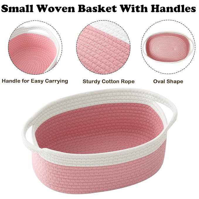 Woven Rope Basket - Baby Gift Basket with Bag & Ribbon, White&Pink | Cotton rope with handle, 12 x 8 x 5 in, gift bag and ribbon, for baby shower, birthday, toy storage, nursery, shelf decor