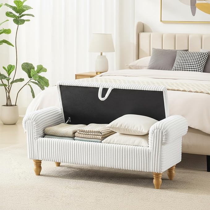 55" Bench for End of Bed Storage Benches, Queen End of Bed Bench Corduroy Upholstered Storage Ottoman Window Bench with Storage, for Bedroom, Entryway, Closet, White