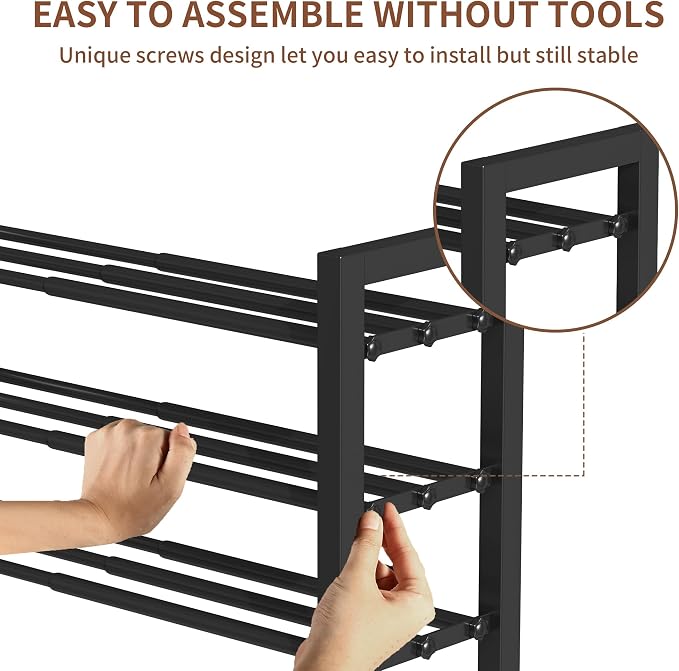Upgraded 3-Tier Expandable Shoe Rack, Adjustable Shoe Shelf Storage Organizer Heavy Duty Metal Free Standing Shoe Rack for Entryway Closet Doorway (Black)
