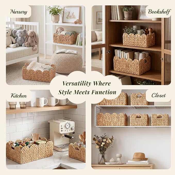 Scalloped Edge Wicker Basket, Hand-woven Rattan Storage Baskets with Built-in Handles, Water Hyacinth Basket for Organizing and Decor, 2 Pack (15" L x 11" W x 7" H)
