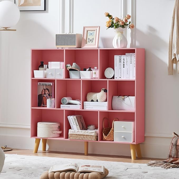 LEYAOYAO 10 Cube Bookshelf,Mid-Century Modern Bookcase with Legs,Light Pink | 3 Tier Book Shelf,Rustic Wood Bookshelves Freestanding Large Storage Organizer, Open Shelves for Bedroom, Living Room, Office