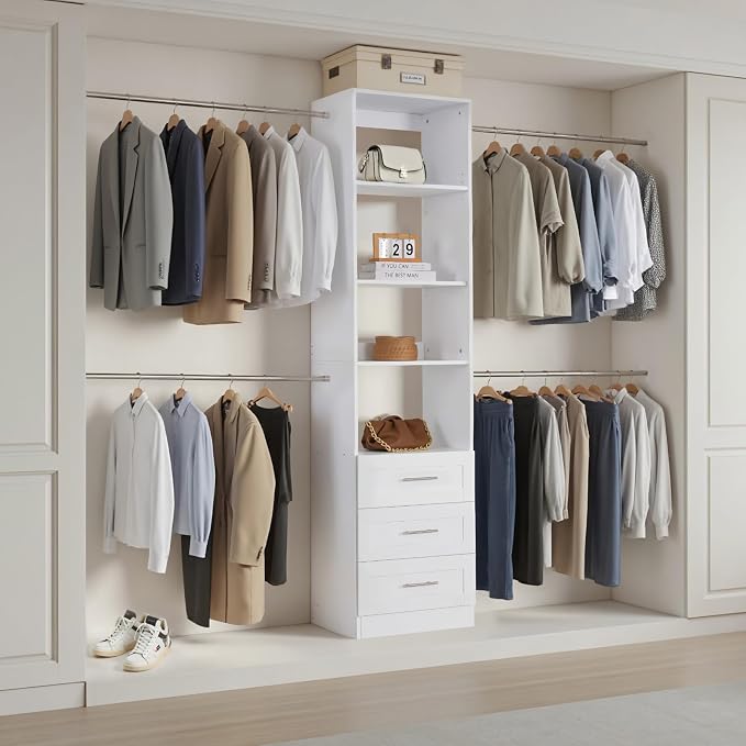 VEVOR Closet System with 3 Drawers, Adjustable Height Wooden Closet Organizers, Modern Walk-in Wardrobe Organization with 4 Retractable Clothes Hanger Rods, Freestanding Garment Rack Storage, White