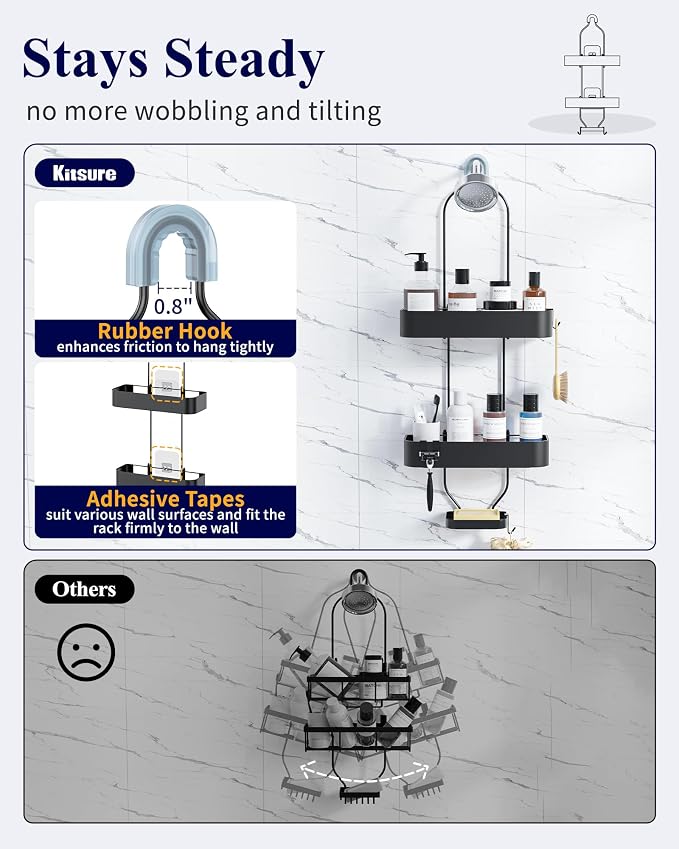Kitsure Shower Caddy Hanging, No-Drill Bathroom Shelves, Black, 28.5" H | Bathroom Organizers and Storage, Wobble-Free Shower Organizer with Adhesive Tapes, Rust-Proof Shower Storage for Toiletries