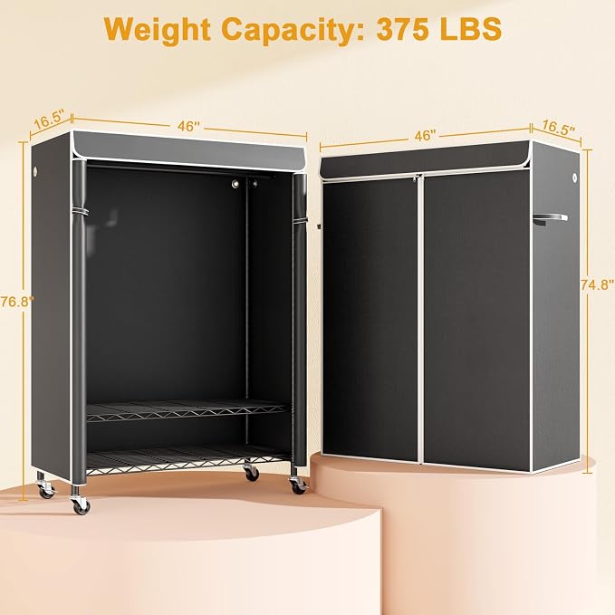 P6C Plus Rolling Clothes Rack with Cover, Covered Clothing Rack | Portable Closets for Hanging Clothes, Heavy Duty Garment Rack on Wheels, Black Closet Rack with Black Cover, Max Load 375LBS