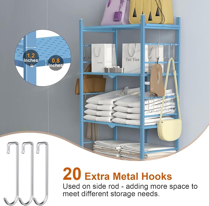 Himix Storage Shelves with 20 Hooks, 5-Tier Foldable Shelf for Storage, Folding Shelf Unit Pantry Shelves with Wheels, Standing Shelving Unit for Kitchen Garage Home Office Room Greenhouse, Blue