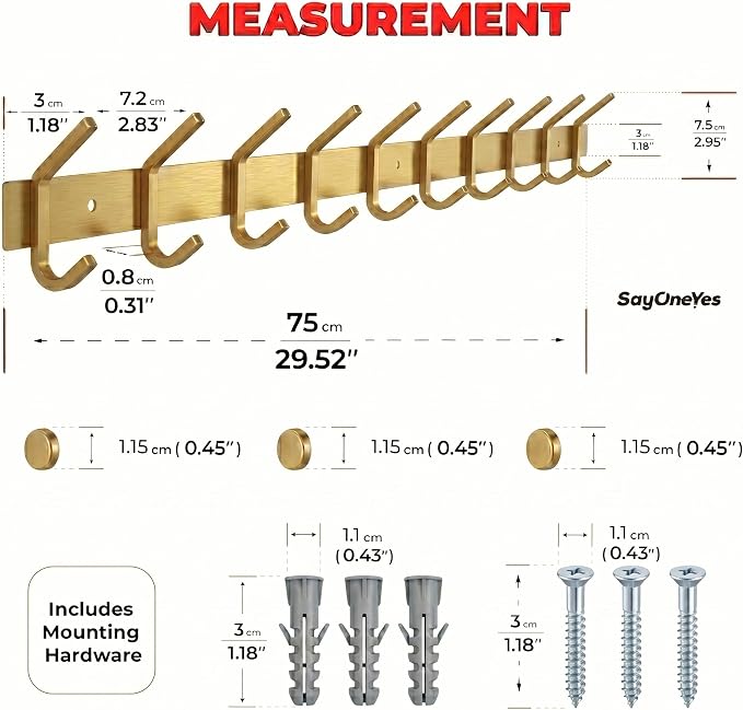 Brushed Gold Wall Mounted Coat Rack – 30 Inch Stainless Steel Rail with 10 Double Coat Hooks for Entryway, Bathroom, Bedroom, Kitchen – Modern Gold Hook Rack for Coats, Hats, Towels
