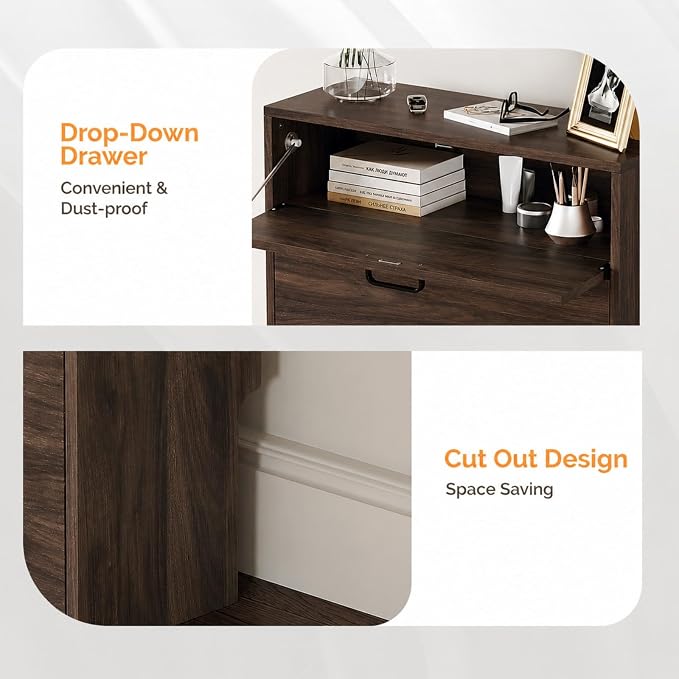 VINGLI Shoe Cabinet Storage for Entryway,Walnut Narrow Wood Shoe Rack,25" W | 8–12 Pairs,Skirting Board Cutout,Drop-Down Drawer,9.4"D Slim,Walnut,2 Flip Drawers,Adjustable & Removable Shelf,Freestanding