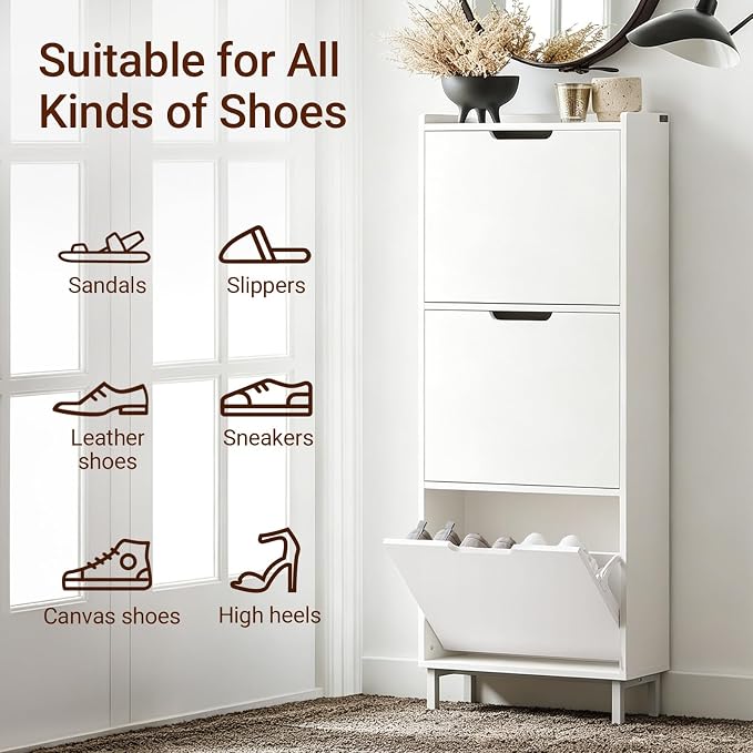 Haotian Slim Shoe Cabinet Entryway | Hidden Shoe Storage with Three Flip Drawers to Save Space, Freestanding Shoe Rack for Front Door, Entryway, Hallway (White)