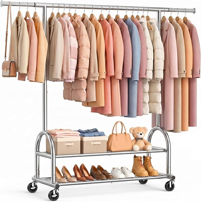 EAGMAK Heavy Duty Clothes Rack for Hanging Clothes Load 556 LBS, Height Adjustable Rolling Clothing Racks, Portable Metal Coat Rack Garment Wardrobe with Wheels and Shelves for Bedroom Laundry, Silver