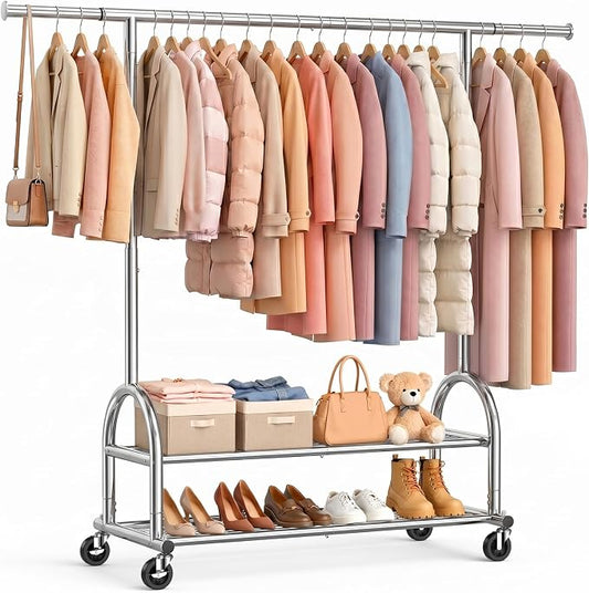 EAGMAK Heavy Duty Clothes Rack for Hanging Clothes Load 556 LBS, Height Adjustable Rolling Clothing Racks, Portable Metal Coat Rack Garment Wardrobe with Wheels and Shelves for Bedroom Laundry, Silver