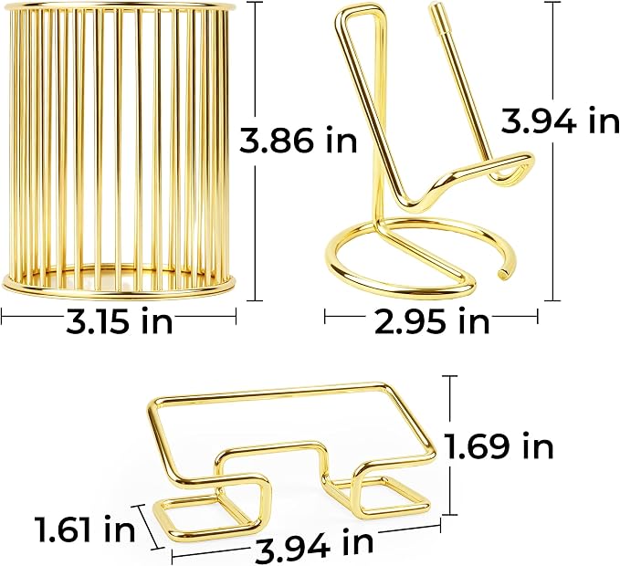Gold Desk Accessories Set 3-in-1: Metal Business Card Holder & Pen Cup,Cell Phone Stand - Aesthetic Office Decor for Women - Metal Pencil Holder & Phone Holder for Desk Organizer