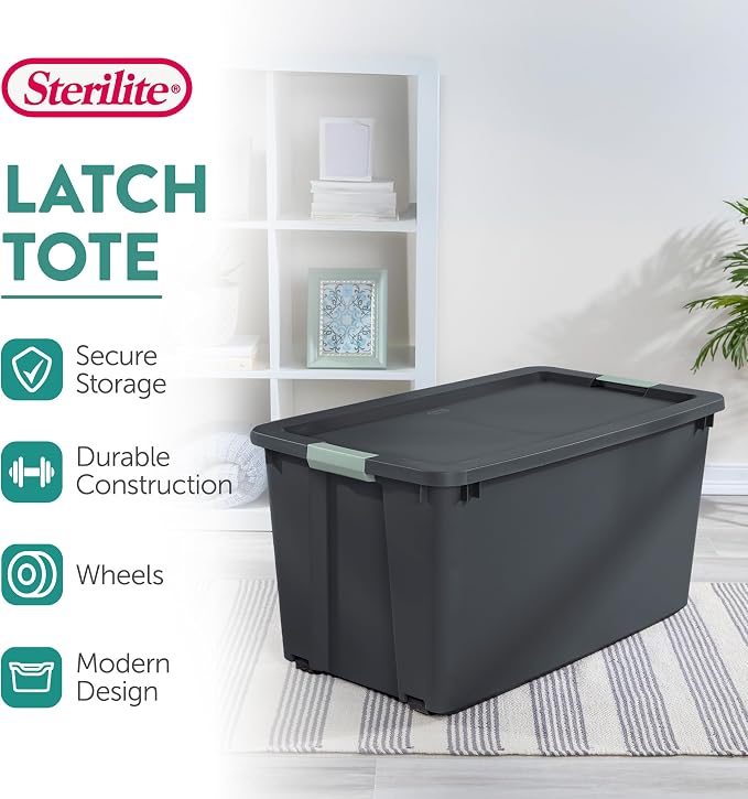 Sterilite 12 Pack 45 Gallon Wheeled Latch Tote, Stackable Plastic Storage Bin, Gray/Green