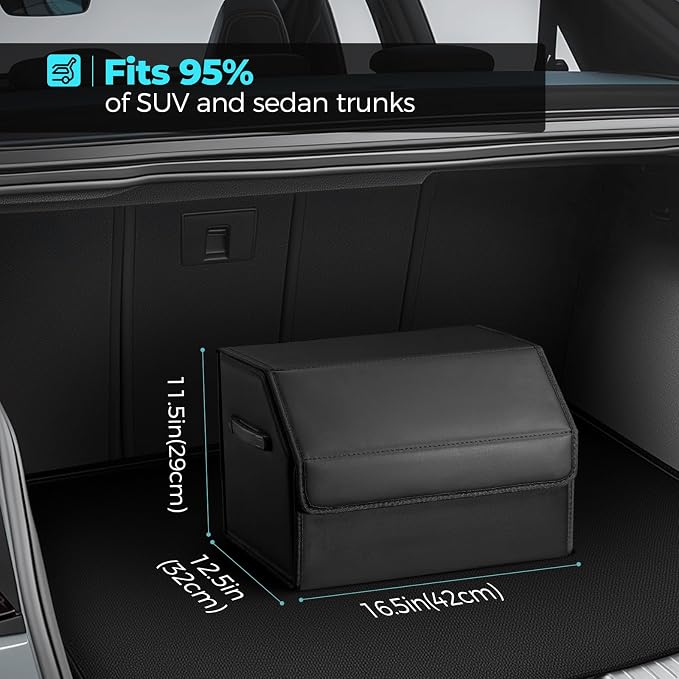 Fyzeoty Car Trunk Organizer for SUV and Sedan, Black, 16.5 inches | Leather Storage Box, Magnetic Lid, Collapsible and Adjustable, Water‑Resistant & Dust‑Proof