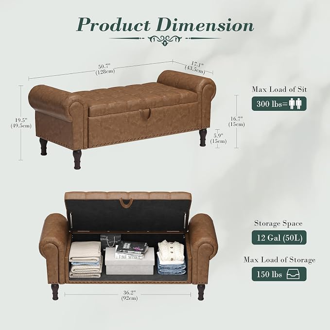 Apicizon 51” Bench with Storage, Upholstered Tufted Button Bedroom Bench with Storage, Faux Leather Ottoman Bench for Bedroom, Living Room, Entryway, Yellow Brown