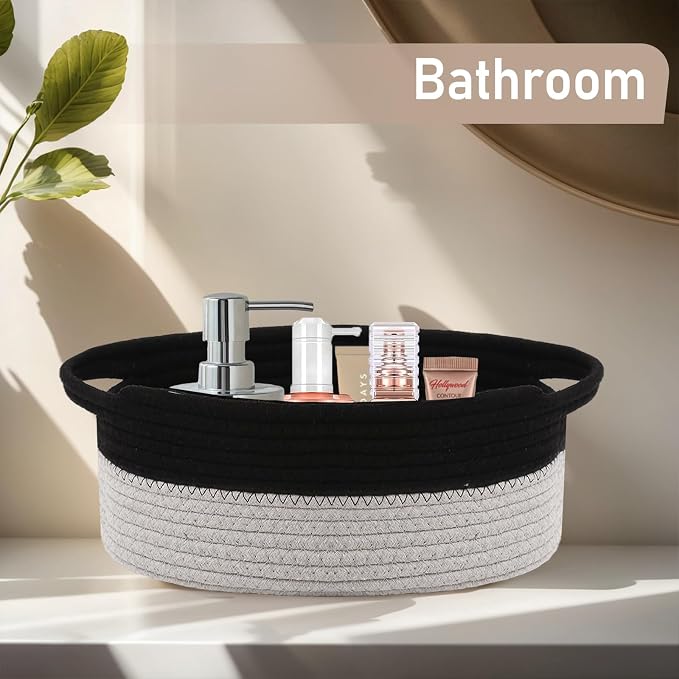 JMvicyroam Small Woven Basket, Empty Gift Basket, Black&Grey/3 Pack | Small Gift Basket, Cotton Rope, 12 x 8 x 80 in, Handles, Includes Ribbon and Bag, Birthday Gift Basket