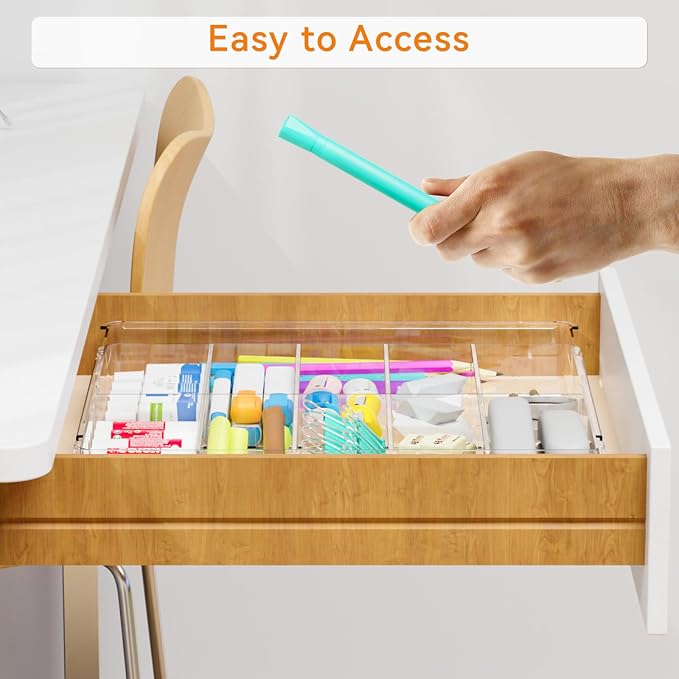 Yieach Large Expandable Desk Drawer Organizer Tray for Office Supplies and Accessories With 12 Adjustable Compartments,Office Drawer Organizers for Pencil,Pen and Kitchen Junk Drawer Organizer,Clear