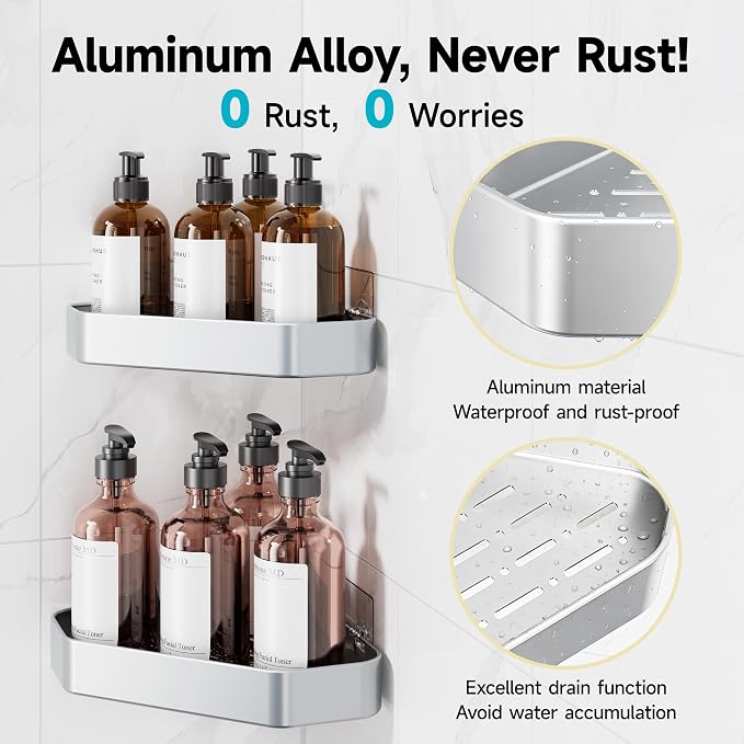 Veken Aluminum Corner Shower Caddy 4-Pack, Never Rust&Large Capacity,Silver | No Drilling Shelves, Rack with Soap Holder&Towel Bar, Super-Strong Adhesive for High Load, Bathroom Organizers and Storage