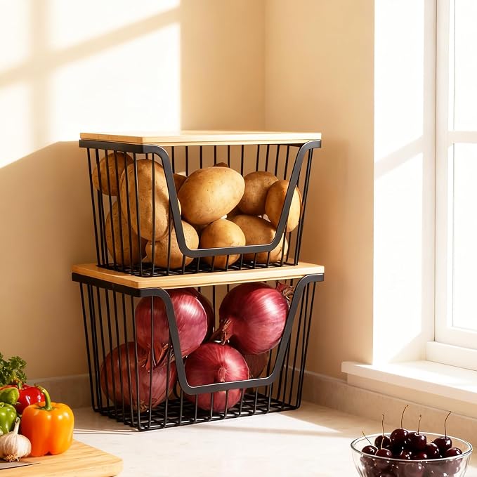 2 PACK Pantry Organizers and Storage, Stackable Onion Potato Bins | Large Wire Storage Basket, Breathable Design for Onion, Potato, Garlic, Fruit, Vegetables Fresh, Kitchen Pantry Storage