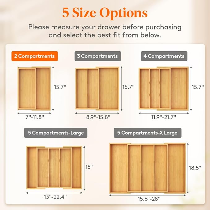 Lifewit Utensil Organizer for Kitchen Drawer, Expandable Cooking Utensil Tray, Cutlery Silverware Flatware Holder, Wood Adjustable Spatula Tools Storage Divider, 7-12 x 15.75", Natural