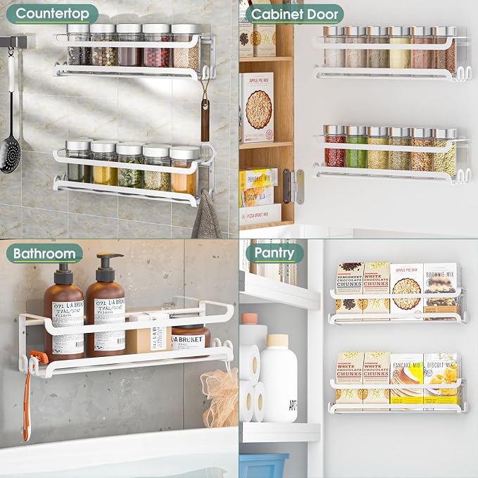 LUCYCAZ 4 Pack Wall Mounted Spice Rack for Kitchen Cabinet,RV,Camper,White | 16 Metal Hooks, Space-Saving,Screw or Adhesive Spice Shelf Hanging,for Pantry Door Spice Jars & Seasonings,11.41×2.75×2.36in