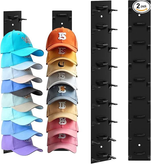 2 Pack Hat Organizer For Baseball Caps, Hat Rack for Wall Holds 18 Hats | Thick ABS Plastic, Adhesive Or Screw Mount, Extended Spaced Tiers Help Keep Cap Shape, For Doors, Closets, Bedrooms