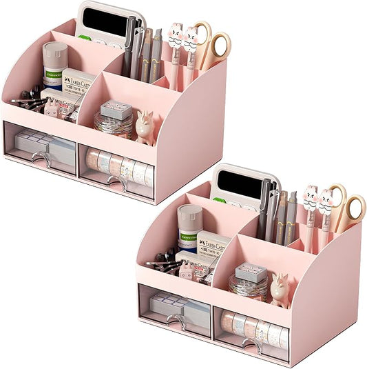 COMFYROOM Desk Organizer with 6 Compartments and 2 Drawers, Plastic Makeup Organizer, Pen Holder for Desktop Storage, Desk Organization for School, Home, Office Supplies Pink-2Pack