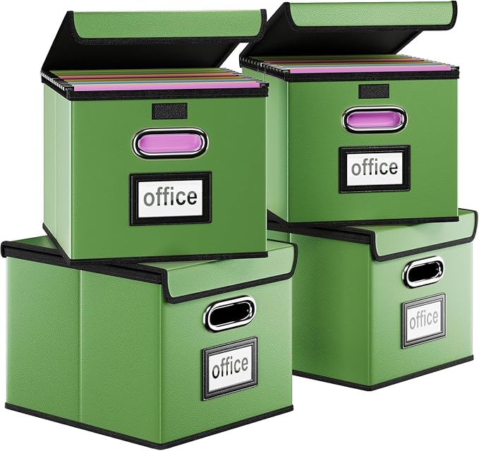 File Organizer Box with Lids, Collapsible File Folder Organizer | File Box with Plastic Slides for Document, Filing Bin for Letter Size Hanging File Folders (4 Pack, Green, Leather)