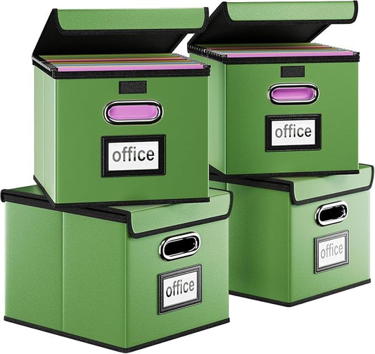 File Organizer Box with Lids, Collapsible File Folder Organizer | File Box with Plastic Slides for Document, Filing Bin for Letter Size Hanging File Folders (4 Pack, Green, Leather)