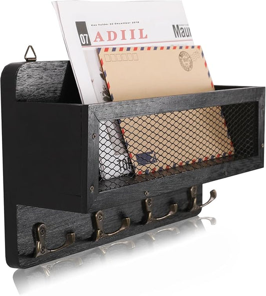 ADIIL Mail and Key Holder for Wall Decorative, Wooden Wall Mount Key Rack Hanger Organizer with 4 Double Key Hooks, Rustic Home Decor for Entryway Hallway, Black
