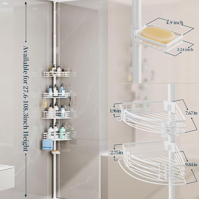 Consumest Shower Caddy Tension Pole - Adjustable Corner Shower Organizer with Soap Holder, Bath Shelves for Bathroom Storage, 27.6-108.3 inch, White
