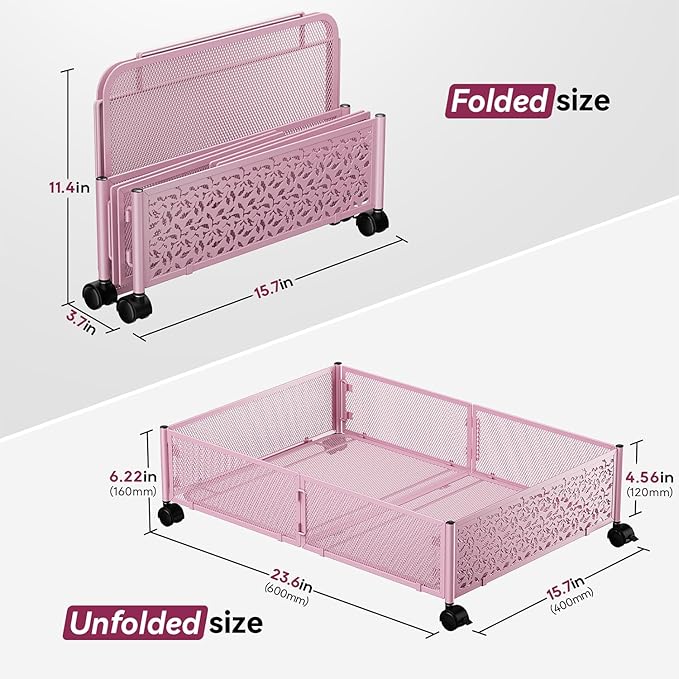 PHINOX Under Bed Storage Container with Wheels,Patterned,Metal,2 Pack,Pink | Tool-free assembly, glide smoothly, easy reach, foldable, maxmazie low-profile beds, dorm, keep seasonal clothes, shoes fresh