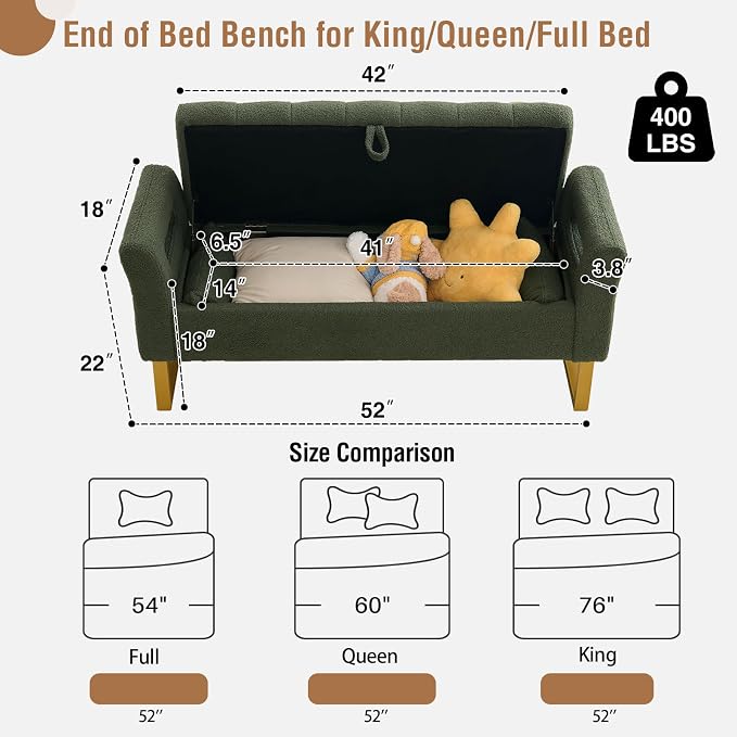 52" Storage Bench for Bedroom Upholstered End of Bed Bench Queen Size Green | Bedroom Benches for Foot of Bed Queen with Gold Legs,2 Pillows,Teddy Storage Ottoman Bench for Bedroom,Entryway,Cloakroom