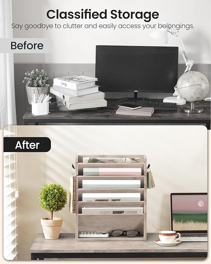 CHOEZON Wall File Organizer, 6-Tier Vertical Mount Hanging Holder with 2 Side Hooks, Modern Wooden Magazine Storage Holder with Bottom Tray, Desk Organizer, for Office, Home, Greige MWJ01FH