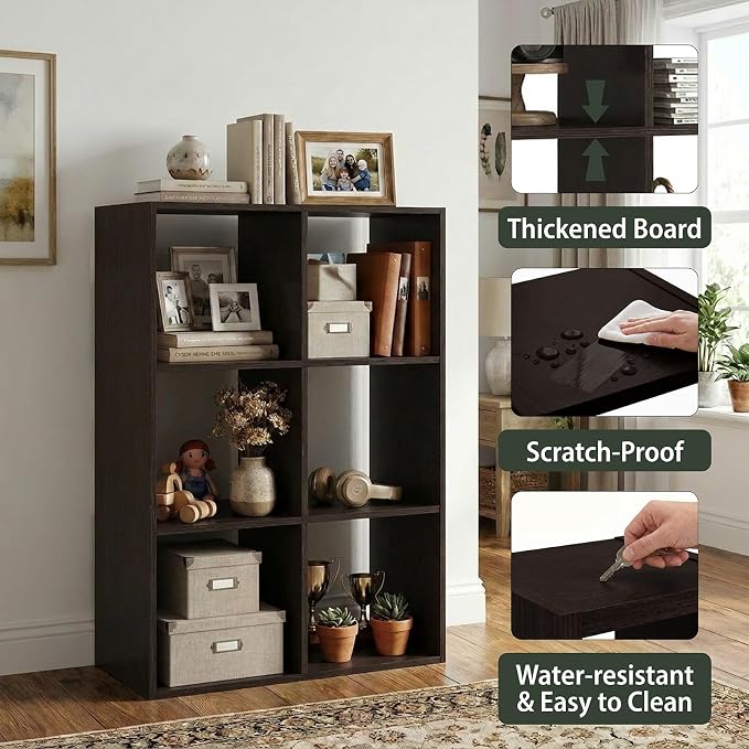 WannabeMyself【Sturdy Build&Easy Assembly】6 Cube Storage Organizer with Anti-Tipping Kits,Reversible Open Back Book Shelf, Bookcase for Living Room,Bedroom,Entrance Hall,Office,24.1×11.4×35.9,Chocolate