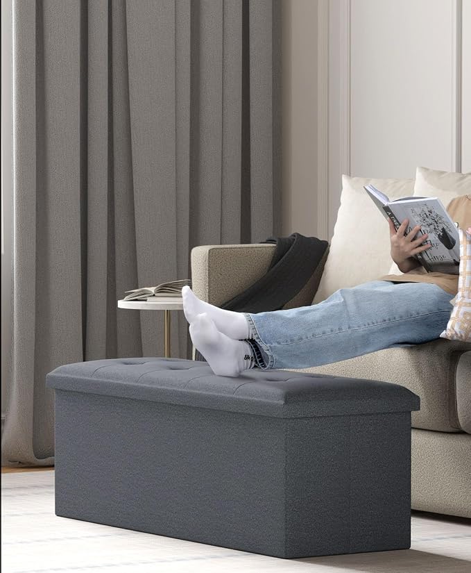 Folding Storage Ottoman Bench, Dark Gray, 43 Inches | Multi-Functional Ottoman Foot Rest, End of Bed Bench, Storage Chest, Living Room, Bedroom, Hallway, Entryway, 600 lb Capacity