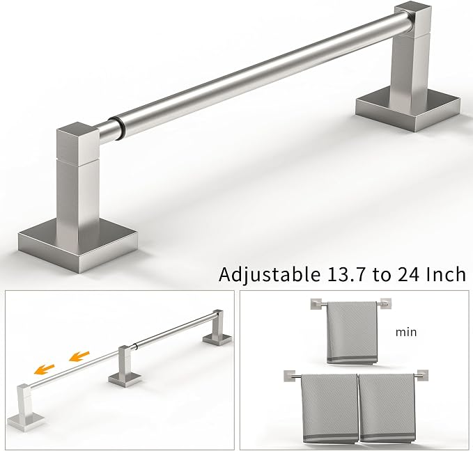 RUACQ Adjustable Towel Bar, Towel Racks for Bathroom Wall Mounted, Nickel | Adjust 13.8 to 24 inch Single Towel Rod, Bath Towel Holder, 304 Stainless Steel, Rustproof, Square Base, Heavy Duty, Modern